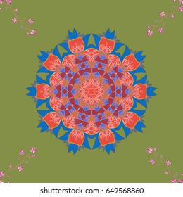 Vector Mandala. Colored round ornament pattern on a colorfil background.