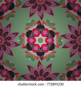 Vector Mandala. Colored round ornament pattern on a neutral, green and pink colors.
