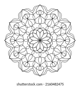 Vector mandala coloring book page for adults. Ornamental round floral lace outline black contour on white. Flower, nature elements, geometric symmetry, ethnic style, lace pattern template for art.