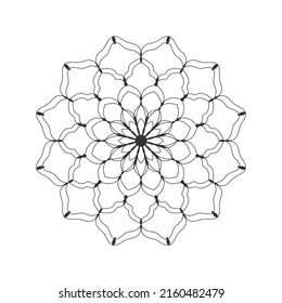 Página del libro de colorear de mandala vectorial para adultos. El contorno de color negro de encaje floral redondeado sobre blanco. Flor, elementos naturales, simetría geométrica, estilo étnico, patrón de encaje para el arte.