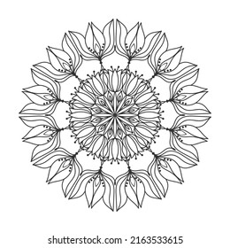 Vector mandala coloring book page for adults. Ornamental round floral lace outline black contour on white. Flower, nature elements, geometric symmetry, ethnic style, lace pattern template for art.