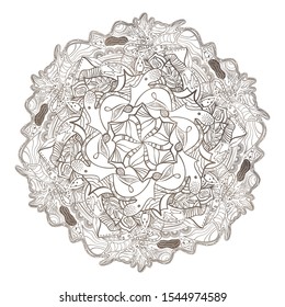 
Vector mandala coloring. isolated on white background. Printing on clothes and yoga mat. Ethnic art, alchemy, boho style, astrology and magic symbol. Hand drawn element. Printing on a yoga mat. One o