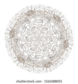 Vector mandala coloring. isolated on white background. Printing on clothes and yoga mat. Ethnic art, alchemy, boho style, astrology and magic symbol. Hand drawn element. Printing on a yoga mat. One of