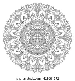 Vector mandala with a combination of floral, wavy and geometric motifs. Black mandala in the indian, asian, african, arabic style. Outline mandala design. Henna ornament. Coloring book mandala. 