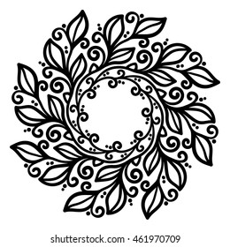 vector, mandala, contour illustration leaf ornament in a circle, black and white illustration, nature, ecology, abstraction, adult coloring book, doodle style