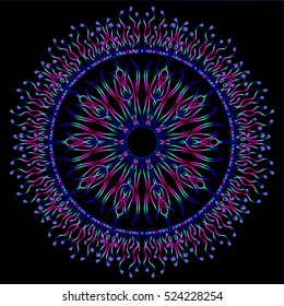 Vector mandala. Decor for your design, lace ornament, round pattern with lots of details. Oriental style, floral pattern, isolated on black background. Circle lace ornament.