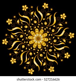Vector mandala. Decor for your design, lace ornament, round pattern with lots of details. Oriental style, floral purple pattern, isolated on black background. Circle lace ornament.