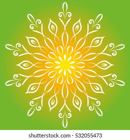 Vector mandala. Decor for your design, lace ornament, round pattern with lots of details. Oriental style, floral white pattern, isolated on green background. Circle lace ornament.
