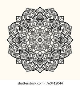 Vector mandala. Decorative round ornament. Unusual flower shape. Anti-stress therapy pattern. Sketch of tattoo. For Yoga print design, meditation poster, apparel. Oriental pattern. Zentangle style.