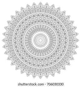 Vector Mandala. Delicate Snowflake. Black and White Round Ethnic Pattern in Moroccan, Indian or Arabic Style. Adult Coloring Page. Flourish Arabesque for Print or Decoration. Zentangle