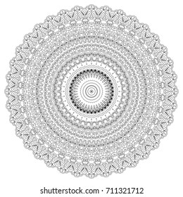 Vector Mandala. Delicate Snowflake. Black and White Round Ethnic Pattern in Moroccan, Indian or Arabic Style. Adult Coloring Page. Flourish Arabesque for Print or Decoration. Zentangle