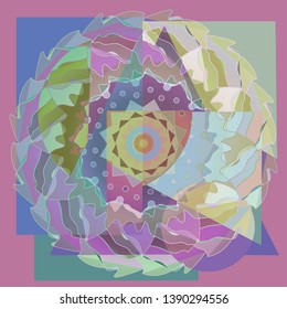 VECTOR MANDALA DHALIA, PASTEL COLORS PALLET. CENTER FLOWER . GEOMETRIC BACKGROUND IN PURPLE AND LIGHT BLUE. VINTAGE STYLE