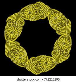 Vector mandala. Embroidery round  pattern.  Bright yellow flower wreath on dark background 