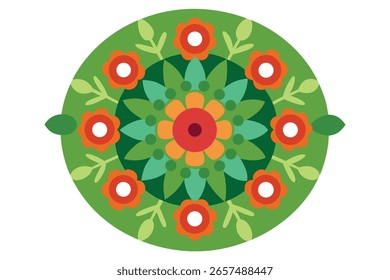 Vector mandala featuring orange flowers green leaves mandala floral pattern. Scalable design suitable for various applications.