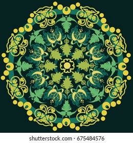 Vector  mandala. Flower and grass decor for your design, lace ornament. Round pattern, oriental style. Green, yellow, turquoise.