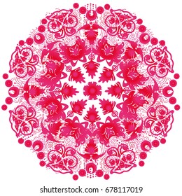 Vector  mandala. Flower and grass decor for your design, lace ornament. Round pattern, oriental style. Pink pattern.
