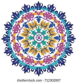 Vector  mandala. Flower and grass decor for your design, lace ornament. Round pattern, oriental style.  Green, blue.
