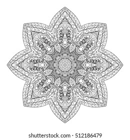 Vector mandala. Flower ornament. Hand drawn element. For coloring, print, poster, background, brochure, invite card.