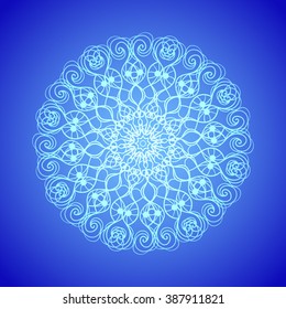 Vector mandala. Flower ornament. White mandala on blue background. Snowflake vector. For print, poster, banner, brochure, invite card.