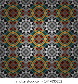 Vector mandala with flowers and geometric elements. Mandala art, boho chic. Round seamless pattern with many details. Arabic, indian, oriental motif. Ethnic design in gray, blue and yellow tones.