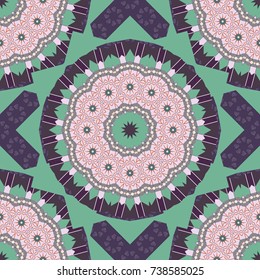Vector mandala with flowers and geometric elements. Indian, asian, oriental motif. Mandala art, boho chic. Round seamless pattern with many details. Ethnic design in green, neutral and purple tones.