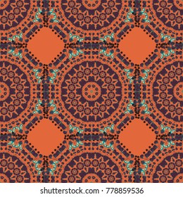 Vector mandala with flowers and geometric elements. Arabic, indian, oriental motif. Round seamless pattern with many details. Ethnic design in blue, brown and magenta tones. Mandala art, boho chic.
