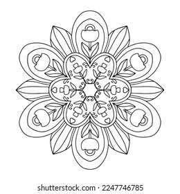 Mandala vectorial con flores y hojas. Libro de colorantes botánicos para adultos y niños. Patrón negro sobre fondo blanco