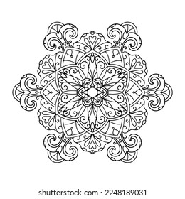 Vector mandala with flowers and leaves. Botanical coloring book for adults and children. Black pattern on a white background