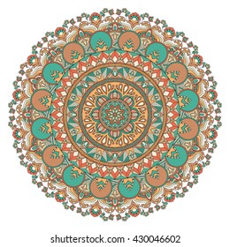 Vector mandala with flowers, leaves, waves, geometric elements. Ethnic pattern. Arabic, indian, asian, african motif. Decor for your design, round pattern with many details. Mandala art, boho chic. 