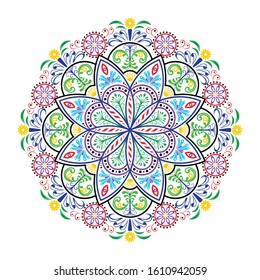 vector Mandala full color on a white isolated background. Mendala with a floral motif. Yoga template. Indian ornament pattern