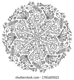 Vector mandala gardening coloring book for adults. Garden, gardening tools, gloves, vegetables, rabbit, flowers, plants. Mandala for a successful gardener, black and white doodle drawing, circular