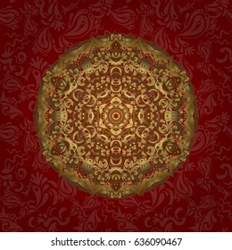Vector Mandala gold on red backdrop. Arabic Vintage decorative ornament. Orient, symmetry lace, meditation. Abstract Tribal, ethnic texture. Mandala pattern. East, Islam, Thai, Indian, ottoman motifs.