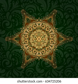 Vector Mandala. Gold round ornament pattern on a green background.