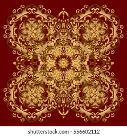 Vector Mandala golden on a red background. Orient, symmetry lace, meditation symbol. East, Islam, Thai, Indian, ottoman motifs. Abstract Tribal, ethnic texture. Arabic Vintage decorative ornament.