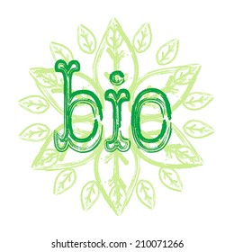 Vector mandala. Green background with leaves. Round ethnic pattern. Inscription bio. 