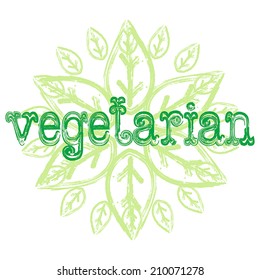 Vector mandala. Green background with leaves. Round ethnic pattern. Inscription vegetarian. 