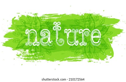 Vector mandala. Green background with leaves. Ethnic pattern. Inscription nature. 