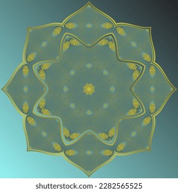 Mandala vectorial en combinación de negro verde con contorno dorado amarillo