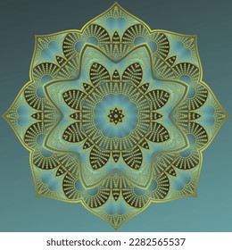 Mandala vectorial en combinación de negro verde con contorno dorado amarillo