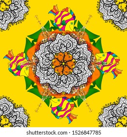 Vector Mandala with hand drawn elements, flowers in Arabic, Indian, turkish, pakistan, ottoman motifs. Yellow, white. Image for coloring books, tattoo, decorate plates, porcelain, ceramics, crockery.