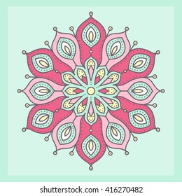 Vector mandala. Hand drawn tribal mandala with doodle ornament. Ethnic Indian mascot. Flower mandala amulet. Yellow, white, pink and green colors. On green background.