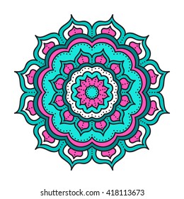 Vector mandala. Hand drawn tribal design with doodle ornament. Ethnic Indian mascot. Flower mandala amulet. Pink, white and green colors. Isolated.