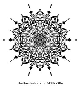 vector mandala, highly detailed zentangle inspired illustration, ethnic tribal tattoo motive, black and white Coloring book page, vector illustration