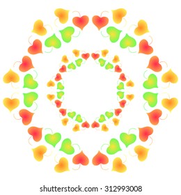 Vector mandala illustration with green, red and orange heart-shaped leaves. Colorful autumn leaves mandala. 