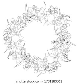 vector mandala with irises and flowers. mandala for coloring meditation. beautiful relaxation. flower wreath for coloring.