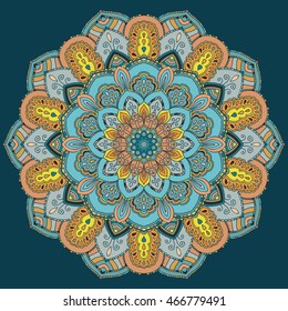 Vector mandala isolated on blue background. Stylized flower decorative element. Boho design for greeting card, poster. Colorful round ornament. Oriental, arabic, hippie style. Blue, yellow brown color