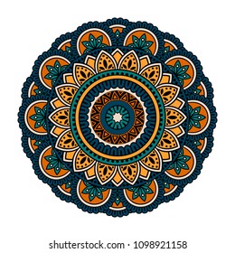 Vector mandala isolated on white background. Ornament card with mandala on blue, orange, white and black colors. Oriental pattern, vintage decorative element for design