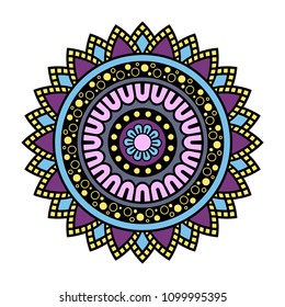 Vector mandala isolated on white background. Ornament card with mandala on blue, yellow, violet and black colors. Oriental pattern, vintage decorative element for design