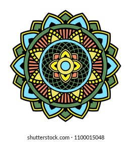 Vector mandala isolated on white background. Ornament card with mandala on blue, red, green and black colors. Oriental pattern, vintage decorative element for design
