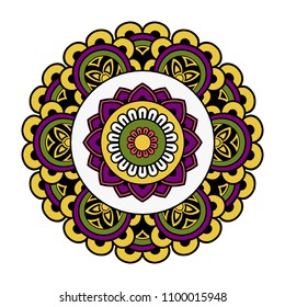 Vector mandala isolated on white background. Ornament card with mandala on yellow, violet, white and black colors. Oriental pattern, vintage decorative element for design